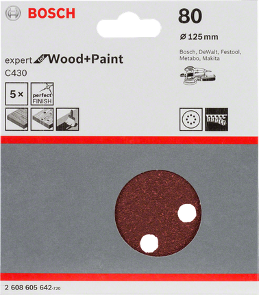 Confezione da 5 fogli abrasivi Bosch C430, 125 mm, grana 80.