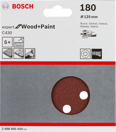 Confezione da 5 fogli abrasivi Bosch C430, diametro 125 mm, grana 180.