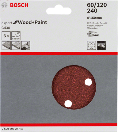 Confezione da 6 fogli abrasivi Bosch C430 per legno e vernice.