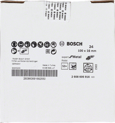 Disco abrasivo in fibra Bosch R444 per metallo, diametro 100 mm.