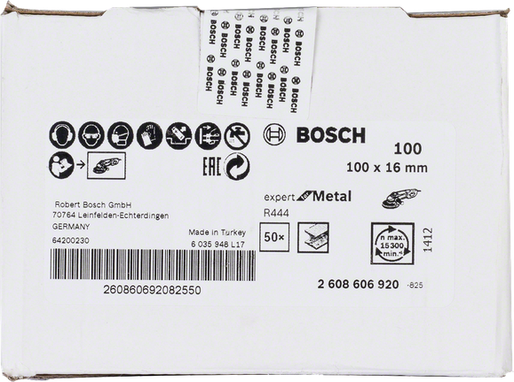 Disco abrasivo in fibra Bosch R444 per metallo, diametro 100 mm.