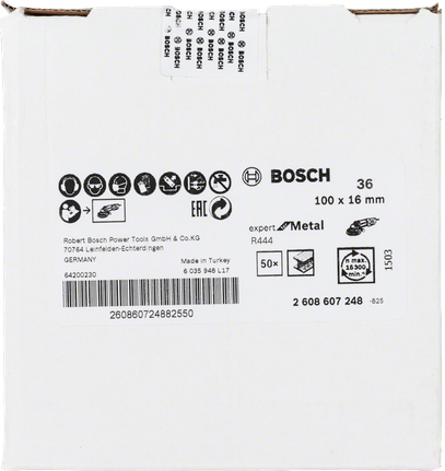 Disco abrasivo in fibra Bosch R444 per metallo, diametro 100 mm.