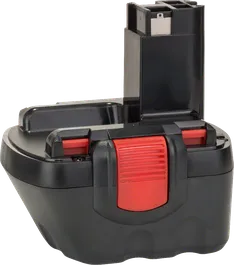 Batteria per utensili cordless Bosch con pulsante di rilascio rosso.