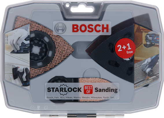 Set di levigatura Starlock Bosch con lama in metallo duro e piastre abrasive.