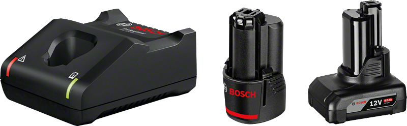 Kit di avviamento Bosch da 12 V con caricabatterie e due batterie.