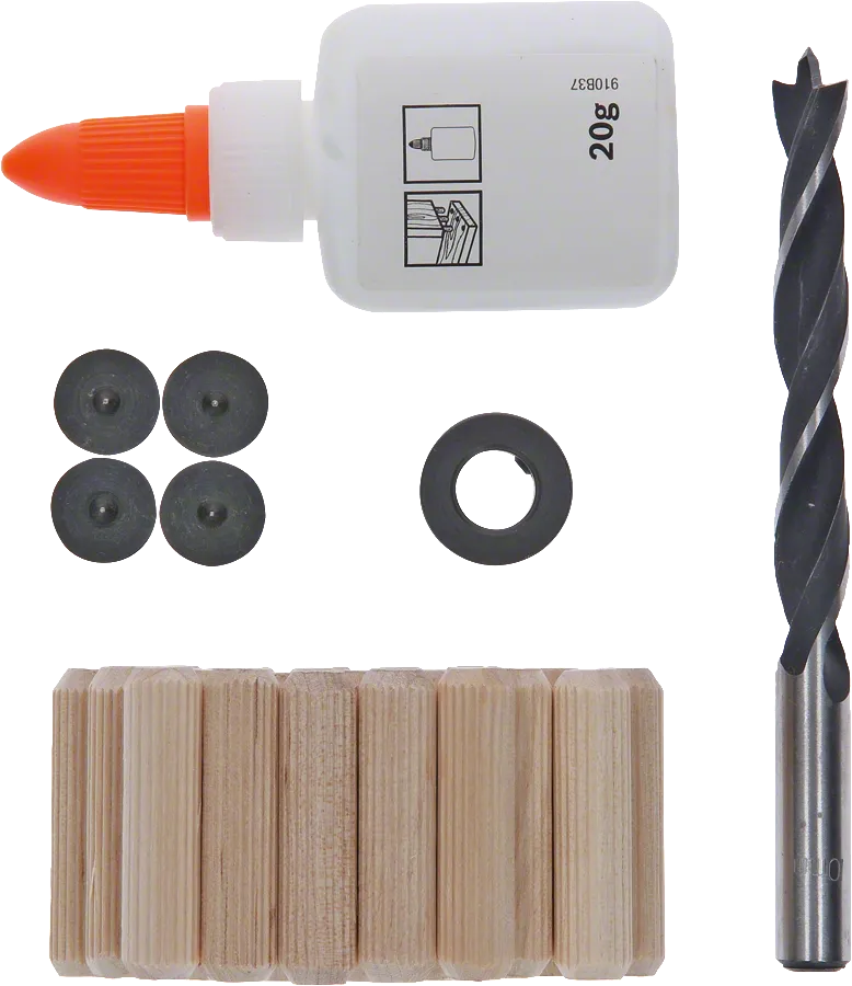 Set di 27 tasselli in legno Bosch da 10 mm con trapano e colla.