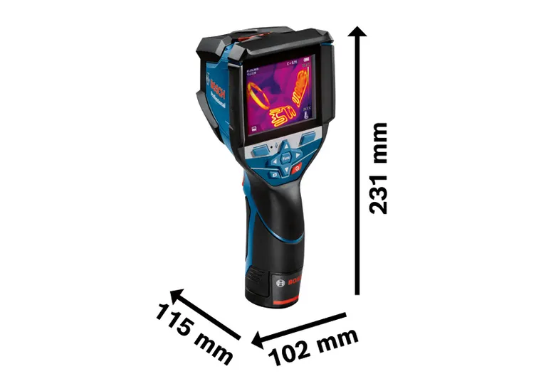 Termocamera Bosch GTC 600 C con dimensioni di misurazione.