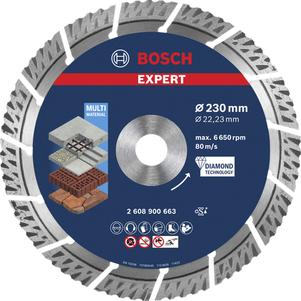 Disco da taglio diamantato multimateriale Bosch EXPERT da 230 mm.