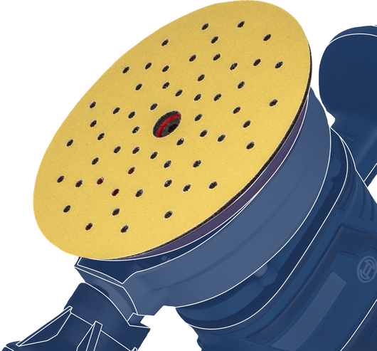 Levigatrice orbitale casuale con disco abrasivo perforato giallo montato.