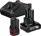 Set di batterie Bosch da 12 V con caricabatterie e due batterie.