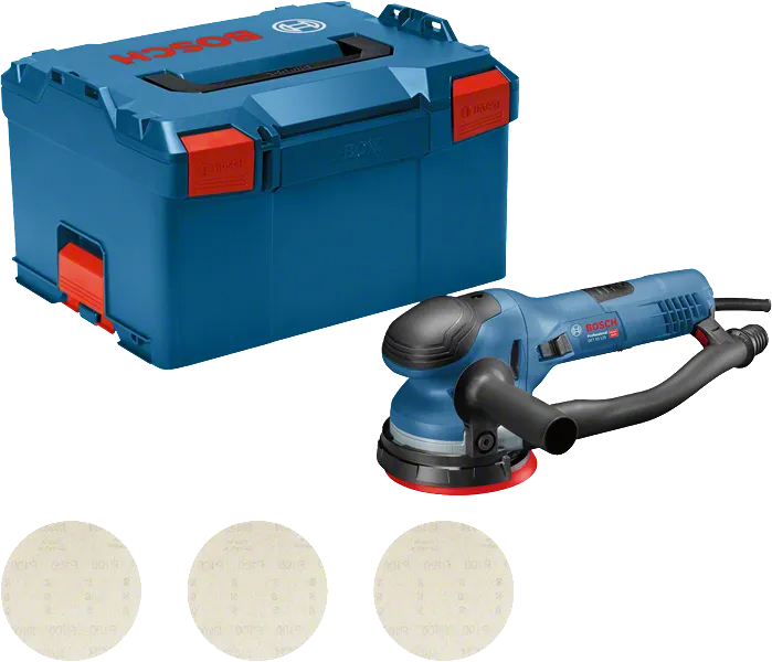 Levigatrice rotoorbitale Bosch GET 55-125 con valigetta e dischi abrasivi.