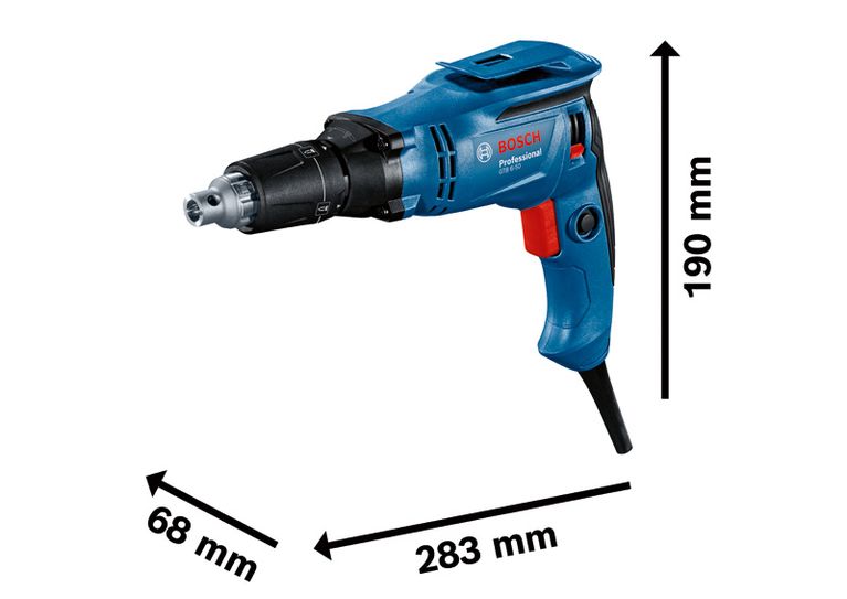 Cacciavite per cartongesso Bosch GTB 6-50 con dimensioni illustrate.