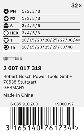 Set di punte per cacciavite Bosch da 32 pezzi.