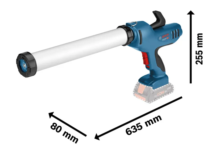 Pistola per silicone a batteria Bosch GCG 18V-600 con dimensioni.