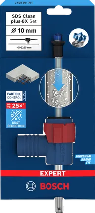 Set di punte per trapano a percussione Bosch EXPERT SDS Clean plus-8X da 10 mm per la riduzione della polvere.