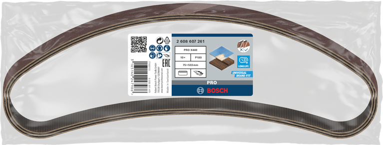 Cinghie abrasive Bosch PRO X440 75x533 mm G180, confezione da 10 pezzi.
