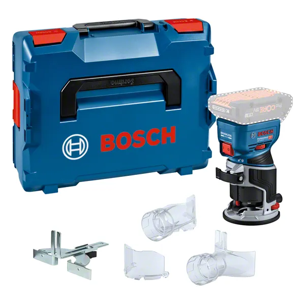 Fresatrice verticale a batteria Bosch GKF 18V-8 con custodia e accessori.