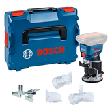 Fresatrice verticale a batteria Bosch GKF 18V-8 con custodia e accessori.