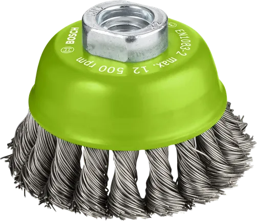 Spazzola a tazza pesante Bosch PRO in acciaio inox da 75 mm per smerigliatrici angolari.