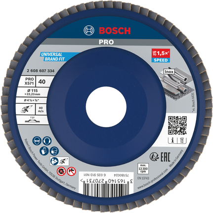 Disco lamellare Bosch PRO X571 da 115 mm G40 per la smerigliatura dei metalli.