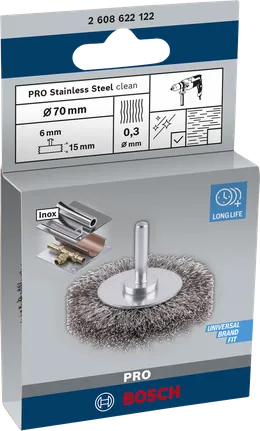 Spazzola a filo pulitore Bosch PRO in acciaio inox, diametro 70 mm.