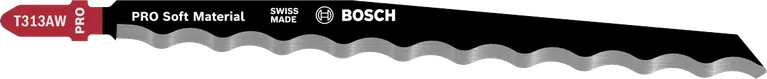 Lama per seghetto alternativo Bosch PRO Soft Material T313AW con bordo seghettato.