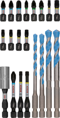 Set misto Bosch PRO Impact da 20 pezzi, punte per trapano e cacciavite con codice colore.