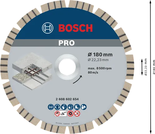 Disco diamantato per calcestruzzo Bosch PRO con lama segmentata da 180 mm.