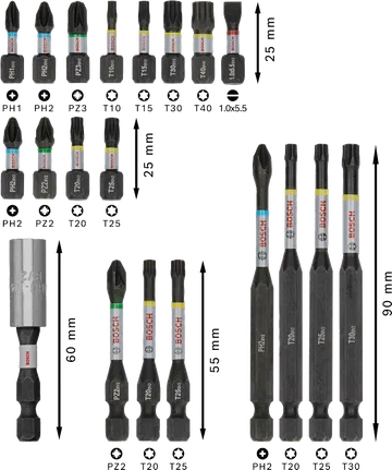 Set di punte per avvitatore a impulsi Bosch PRO, 20 pezzi, con codice colore.