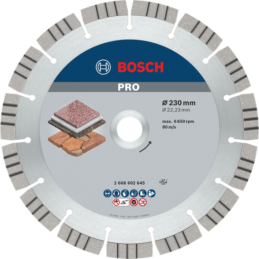 Disco diamantato Bosch PRO Stone da 230 mm per il taglio della pietra.