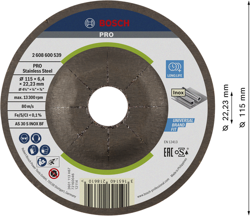 Disco abrasivo Bosch PRO in acciaio inox 115 x 6 x 22,23 mm.