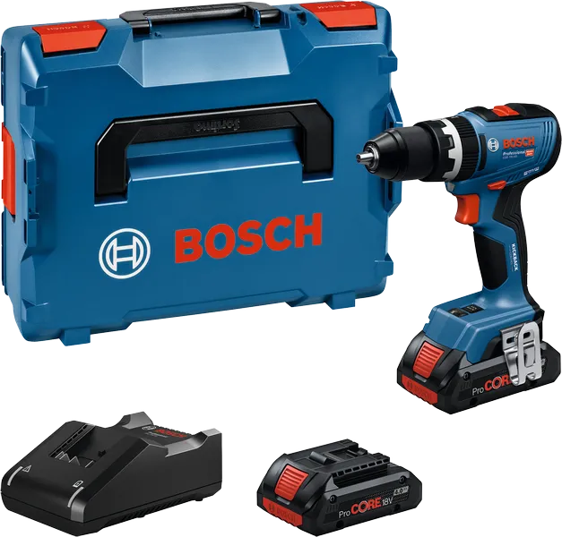 Set trapano avvitatore a batteria Bosch GSB 18V-65 con valigetta e batterie.