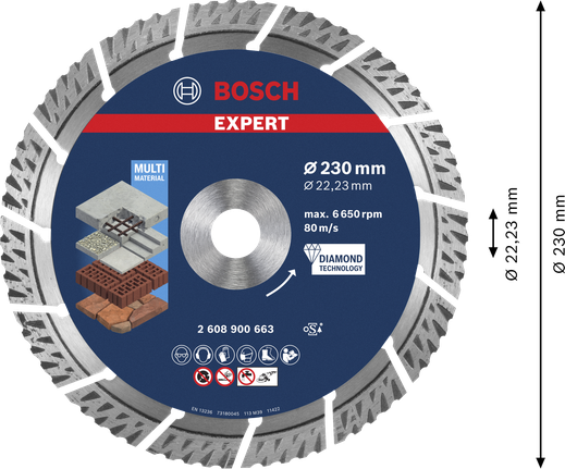 Disco da taglio diamantato multimateriale Bosch EXPERT da 230 mm.