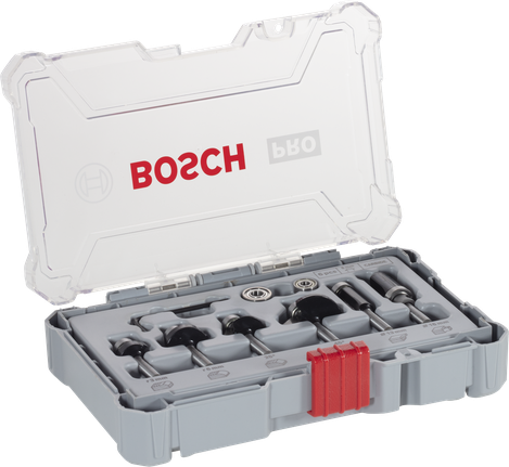 Set di 6 punte per fresatrice Bosch PRO per rifinitura e bordatura, in custodia.