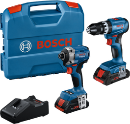 Kit combinato Bosch da 18 V con trapano, avvitatore a impulsi e valigetta.