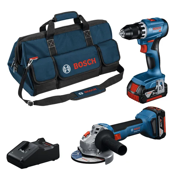 Kit di utensili Bosch 18V 2 GSR e GWS combo con caricabatteria.