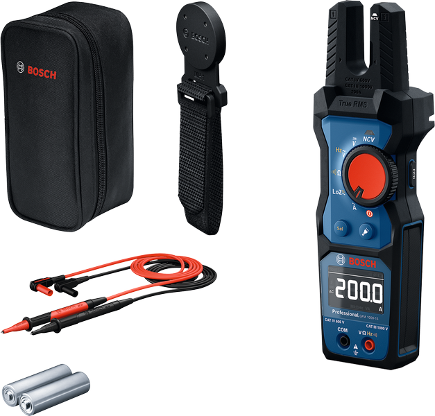 Multimetro digitale Bosch GFM 1000 con sonde e custodia per il trasporto.