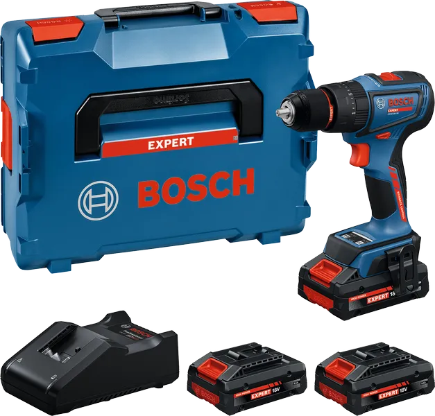 Set trapano avvitatore a batteria Bosch EXSB18V-90 con custodia e batterie.