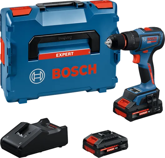 Set trapano avvitatore a batteria Bosch con batterie da 18 V e valigetta.