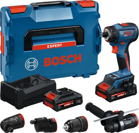 Set trapano avvitatore a batteria Bosch EXSR18V-90FC con accessori.