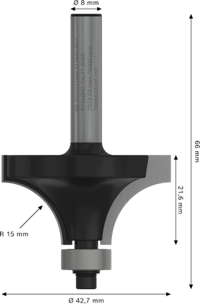 Fresa Bosch PRO per arrotondamento, gambo R15, 8 mm.
