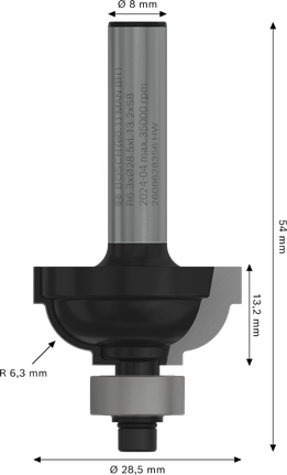 Punta per fresa Bosch PRO Classical Cove R 6.3 con gambo da 8 mm.