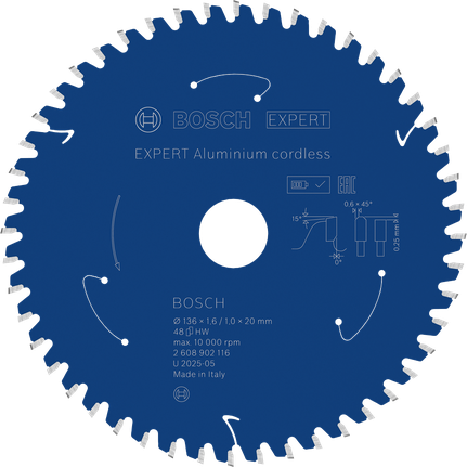 Lama per sega circolare a batteria Bosch EXPERT in alluminio, 136 mm, 48 denti.