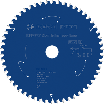 Lama per sega circolare a batteria Bosch EXPERT in alluminio, 54 denti.