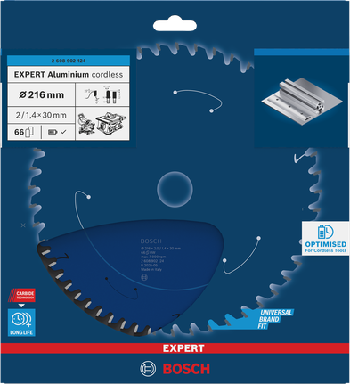 Lama per sega circolare a batteria Bosch EXPERT Aluminium da 216 mm per tagli precisi dell'alluminio.