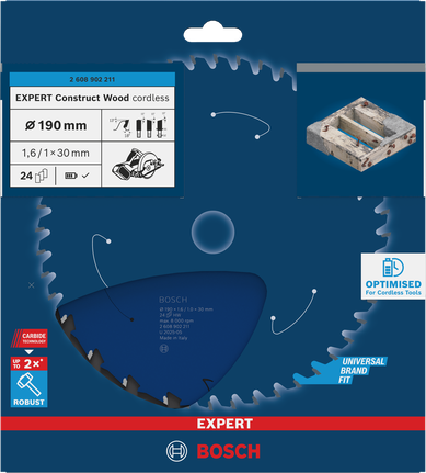 Lama per sega circolare a batteria Bosch EXPERT Construct Wood 190 mm T24.