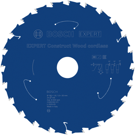 Lama per sega circolare a batteria Bosch EXPERT Construct Wood, 24 denti.