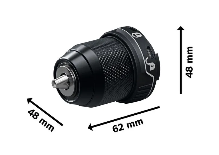 Mandrino per trapano nero con impugnatura testurizzata, dimensioni indicate come 62 mm per 48 mm.