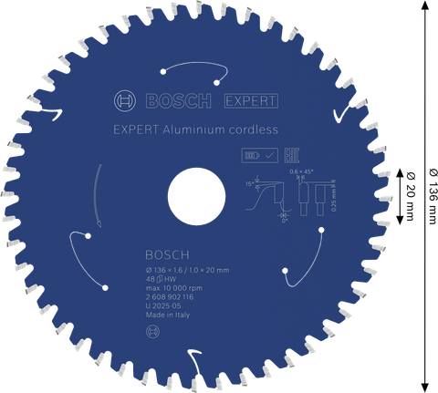 Lama per sega circolare a batteria Bosch EXPERT in alluminio, 136 mm.
