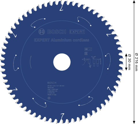 Lama per sega circolare a batteria Bosch EXPERT in alluminio, diametro 216 mm.